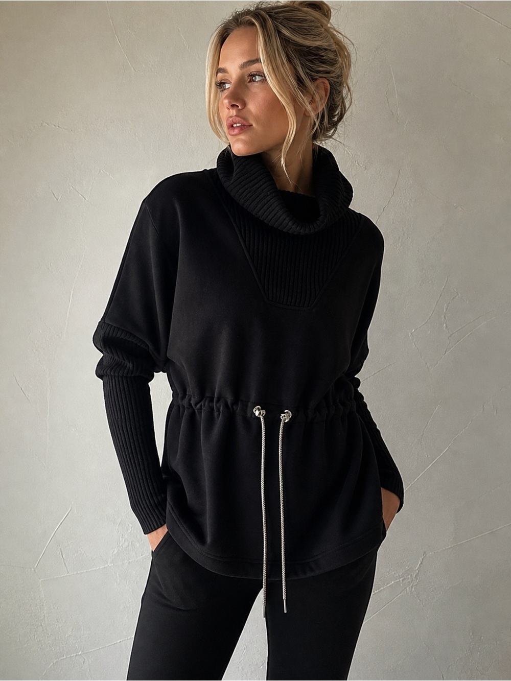 Varley Cavello Longline Sweat Black Funnel Neck Quiet Luxury Athleisure Scandi S